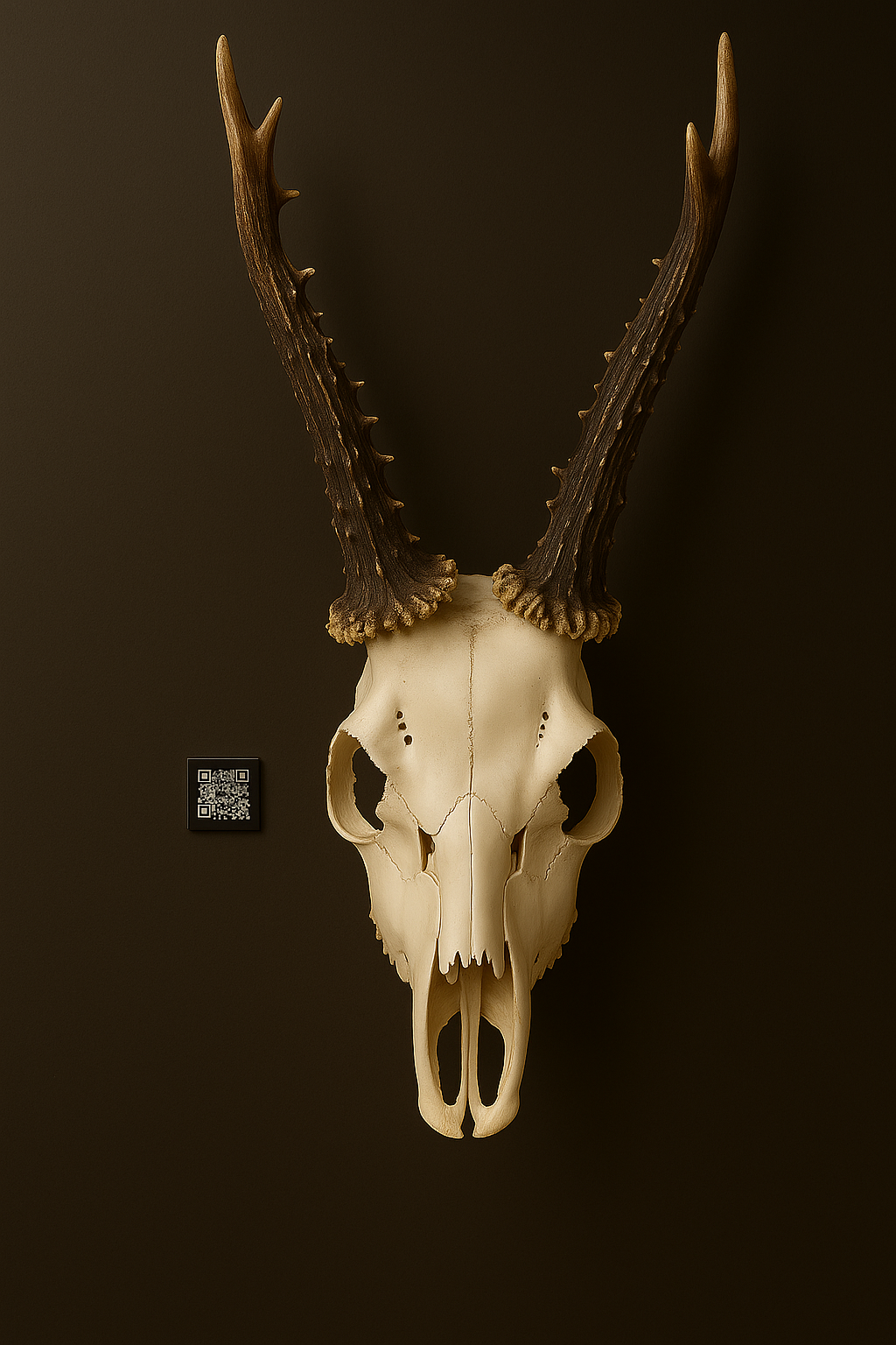 HUNTAG Black metal QR tag mounted under a hunting trophy skull